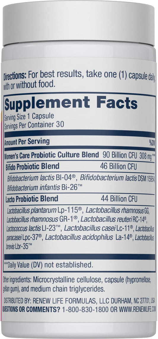 Renew Life daily feminine probiotic supplement bottle side view showing dietary features.