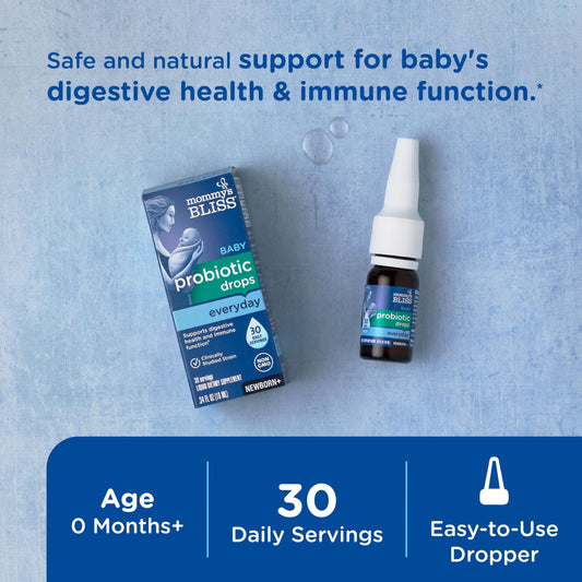 Liquid probiotic drops for newborns by Mommy's Bliss showing the dropper bottle.