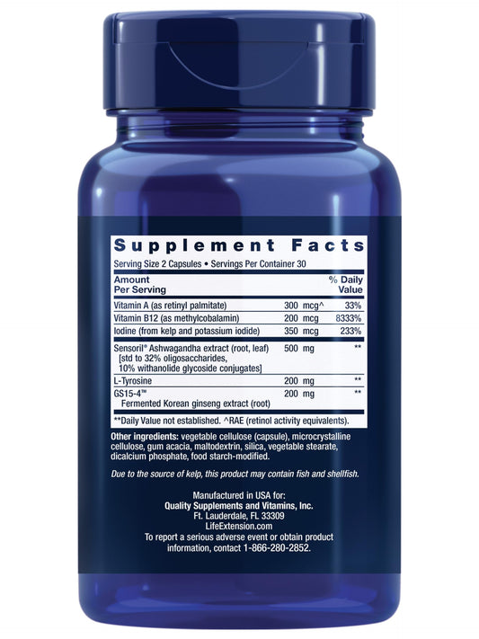 Life Extension Thyroid Support supplement label showing iodine and ashwagandha ingredients