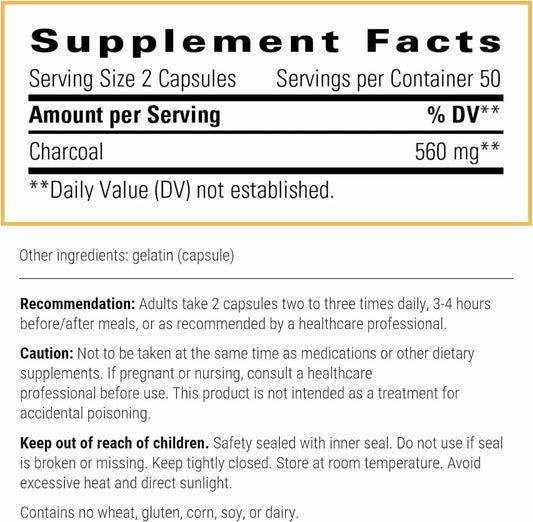 Integrative Therapeutics Activated Charcoal dietary supplement bottle angled showing nutritional facts list and ingredients list.