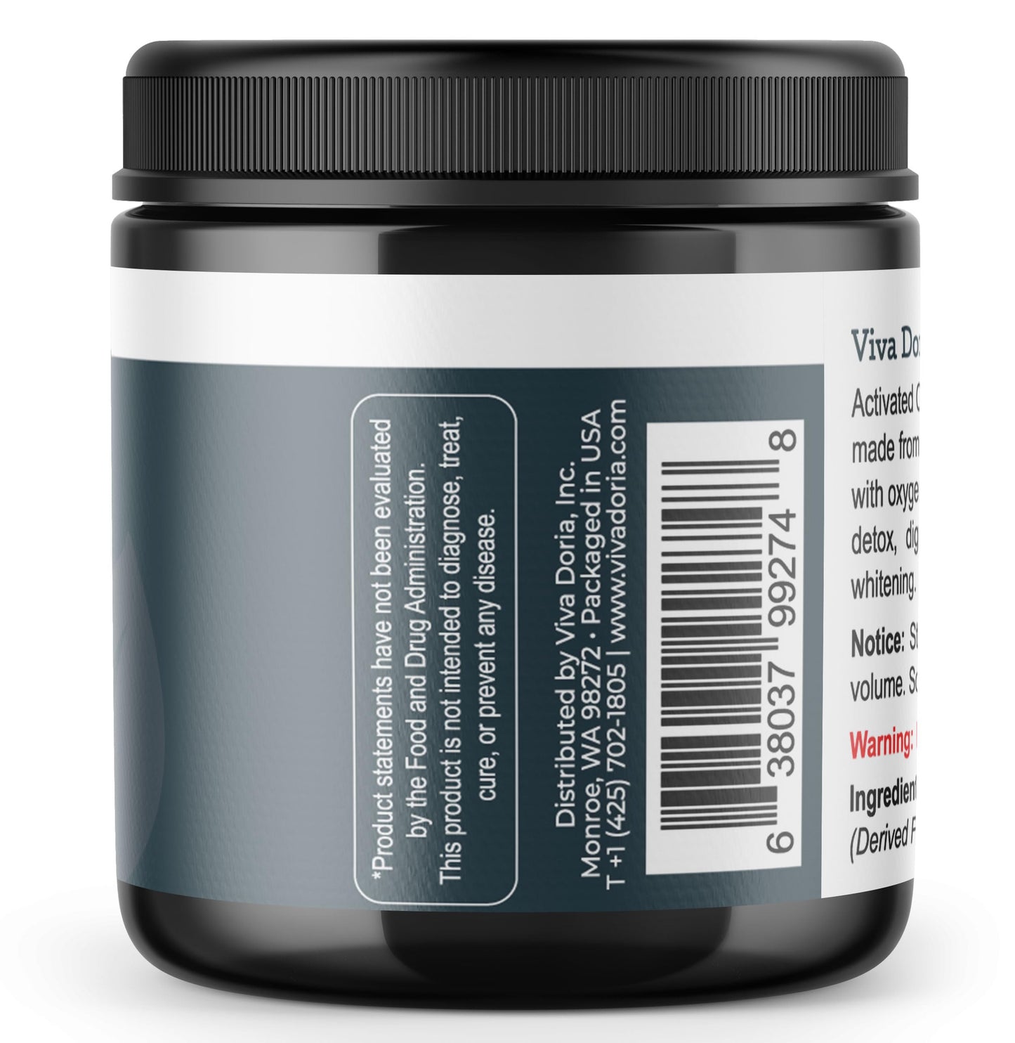 Food grade hardwood derived activated charcoal powder fine black texture inside packaging