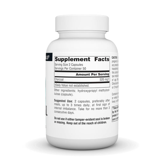 Side angle of Source Naturals activated charcoal 260 mg supplement bottle detailing supplement facts