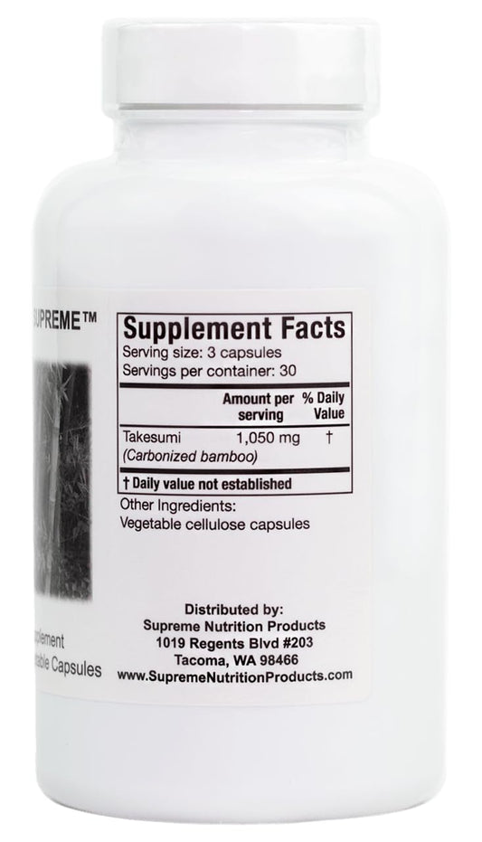 Supreme Nutrition Takesumi Supreme activated bamboo charcoal supplement bottle showing side details