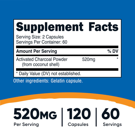 Nutricost Activated Charcoal 520 milligrams supplement facts label showing serving size