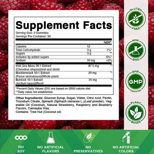 Vitamatic Seamoss supplement bottle showing raspberry flavor and vegan certification logos