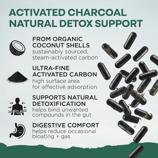 Wild Foods Wild Coal activated charcoal capsules packaging displaying premium digestive support benefits