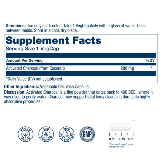 Solaray Activated Charcoal 280 milligrams supplement facts label showing coconut source.