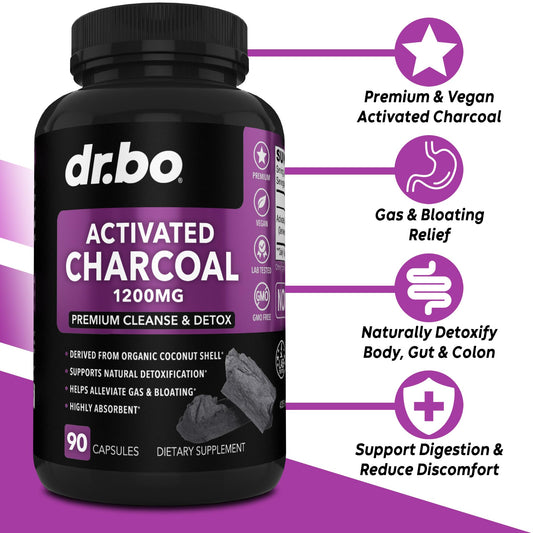 Dr Bo organic coconut charcoal supplement 1200mg capsules ingredient panel and nutritional facts