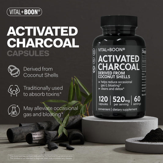 Vital+Boon charcoal binder supplement side panel displaying nutritional supplement facts.