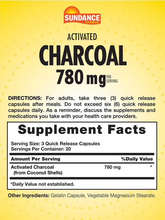 Sundance vitamins activated charcoal quick release capsules supplement facts label