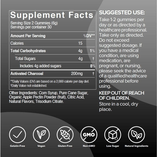 Gumi Nutrition charcoal supplement packaging showing the 200 mg serving size