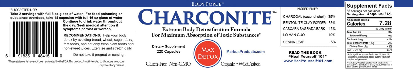 Premium Body Force Charconite detoxification capsules dietary supplement packaging details.