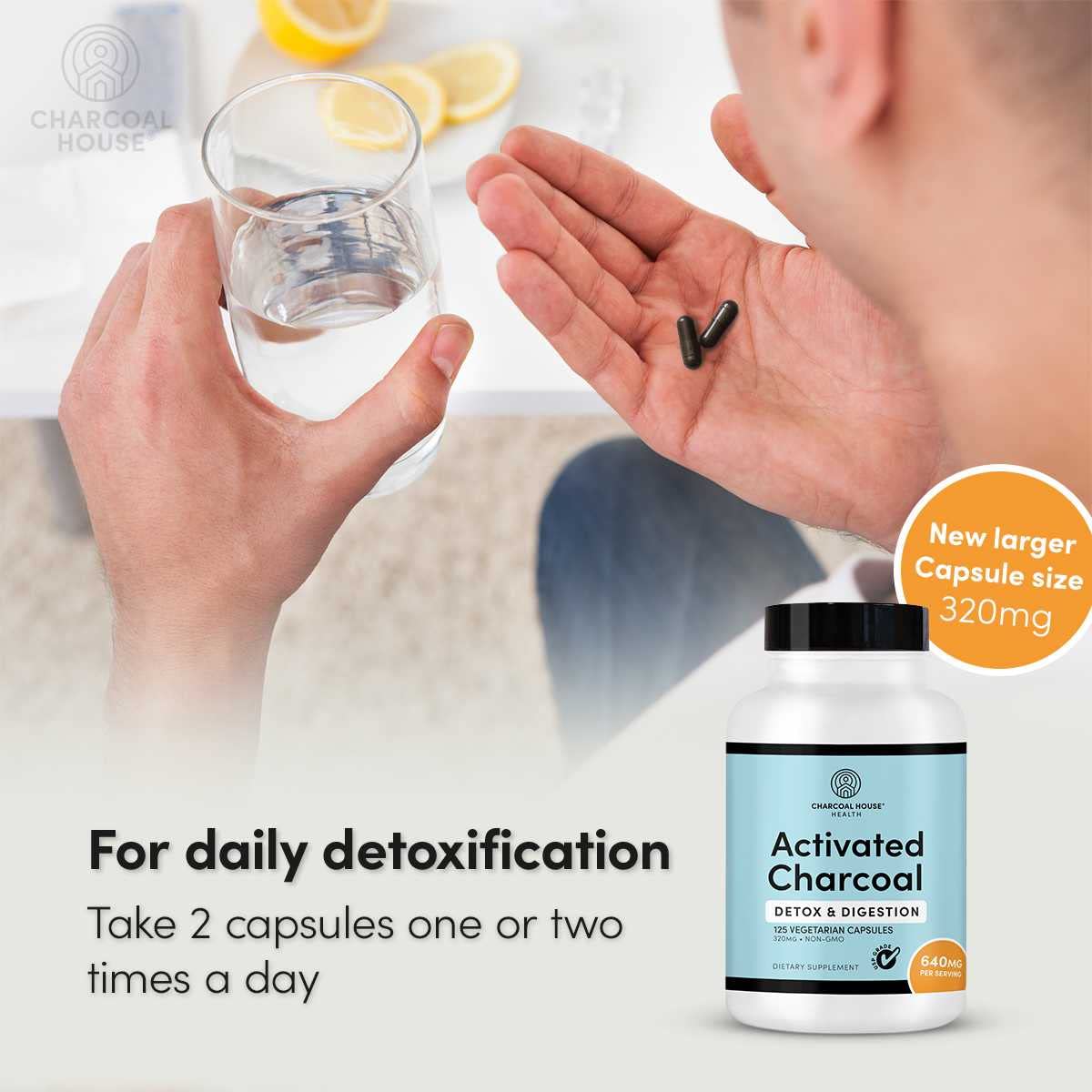 Charcoal House internal cleansing dietary supplement packaging showing gluten-free certification