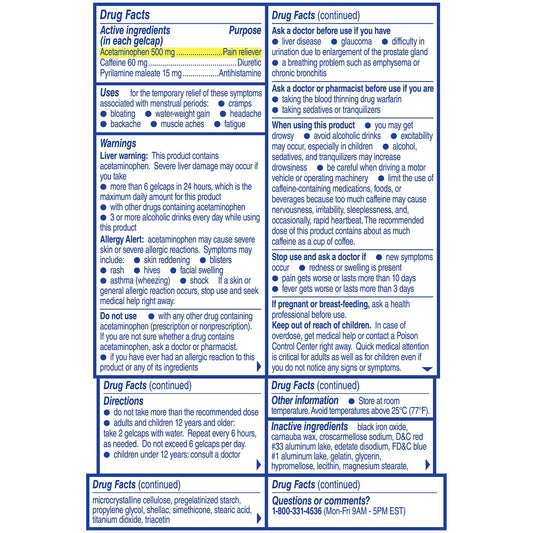 Midol Complete 24 count three pack packaging showing active ingredients for cramps.