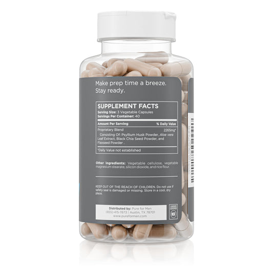Pure for Men original vegan cleanliness fiber capsules packaging displaying key plant based ingredients.