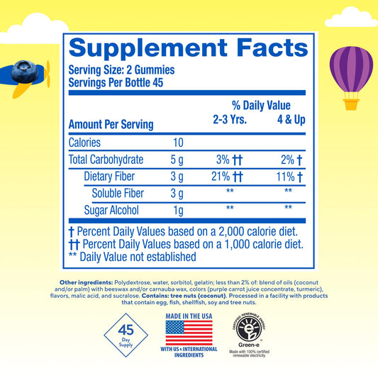 Lil Critters prebiotic fiber gummies for children berry and lemon flavors nutritional label