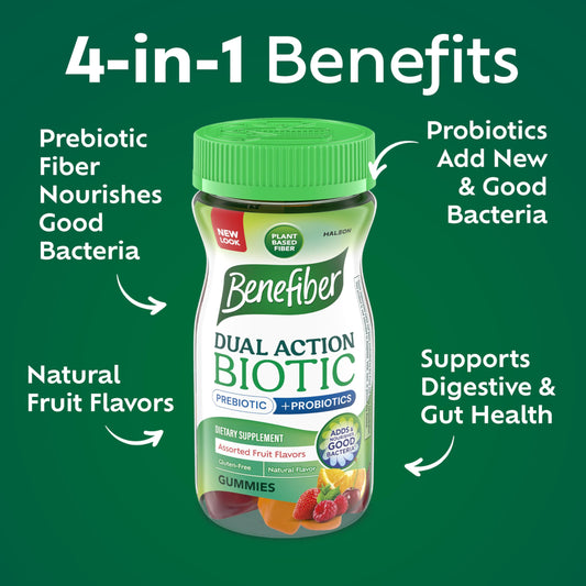 Benefiber dual action biotic assorted fruit flavored chewable supplement for gut health close up