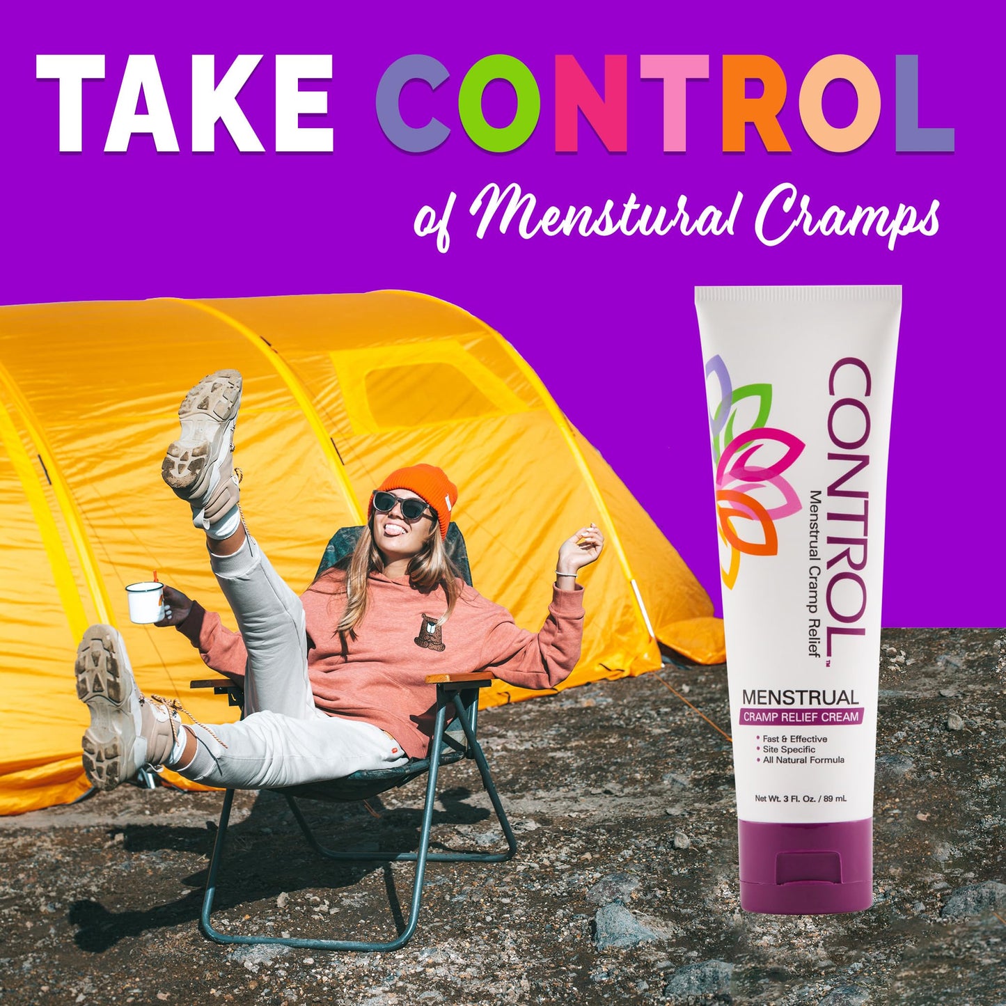 Three ounce tube of Control topical muscle relaxation cream for menstrual cycles.