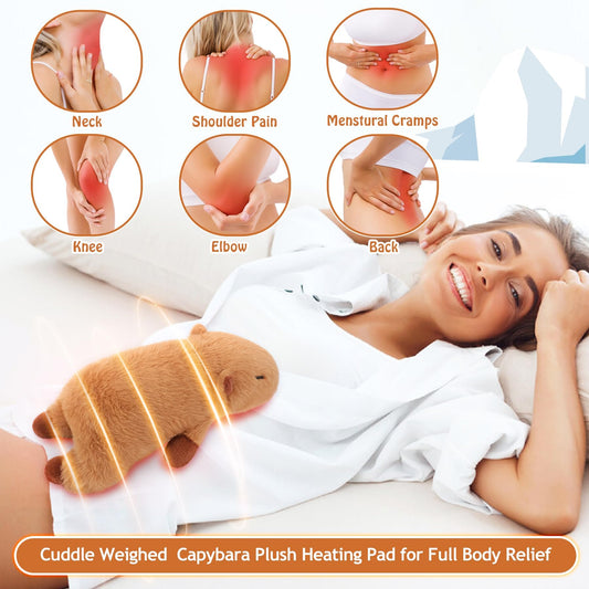 Weighted capybara heating pad showing soft plush texture