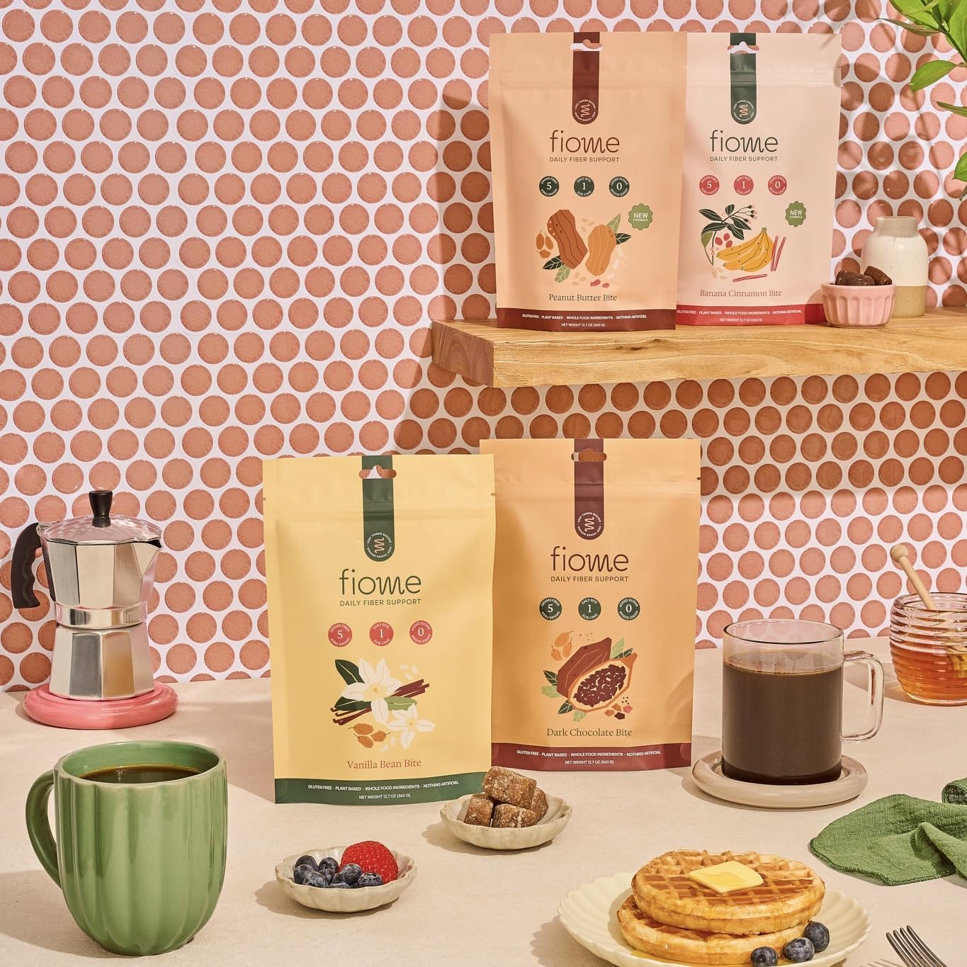 Fiome imported USA wellness supplement packaging with lifestyle elements