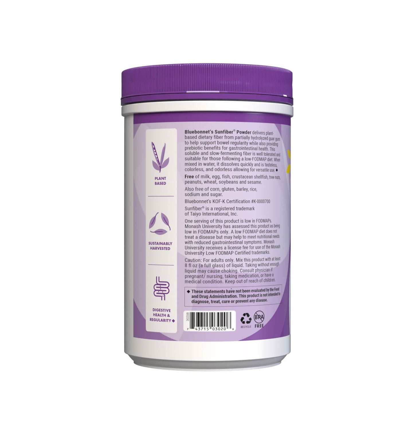 Vegan and non GMO prebiotic fiber powder container close up