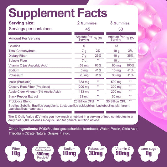 Migcopat sugar free fiber gummies with 30 billion CFU probiotics side view detailing vegan ingredients.