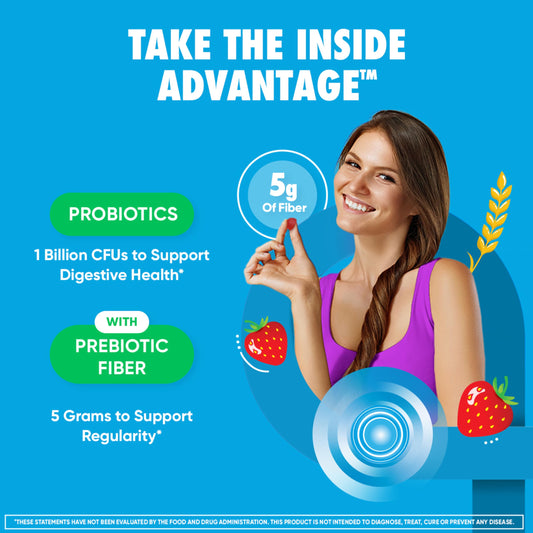 Digestive Advantage strawberry flavor prebiotic fiber supplement packaging details showing 5 grams fiber