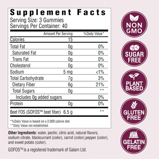 Country Farms Fiber Care Gummies nutritional facts label showing 6 grams of fiber