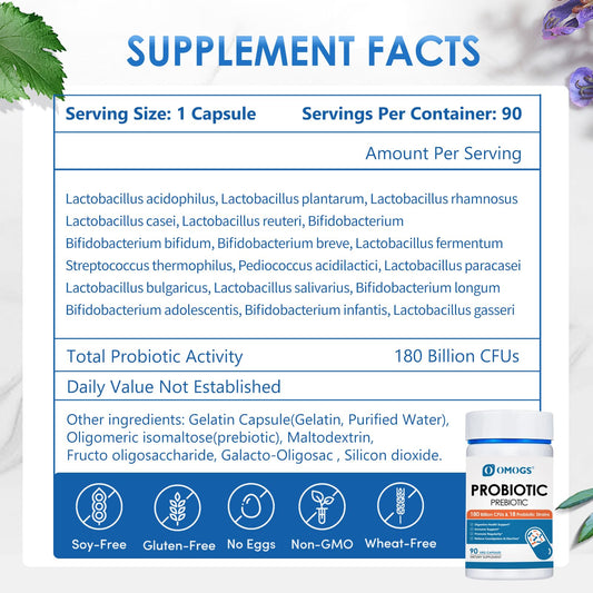 OMOGS 18 strains vegan supplement capsules showing ingredient transparency information label