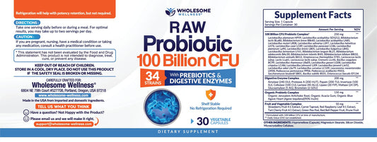 Wholesome Wellness 100 Billion CFU probiotic 30 capsules supplement facts and ingredient label details