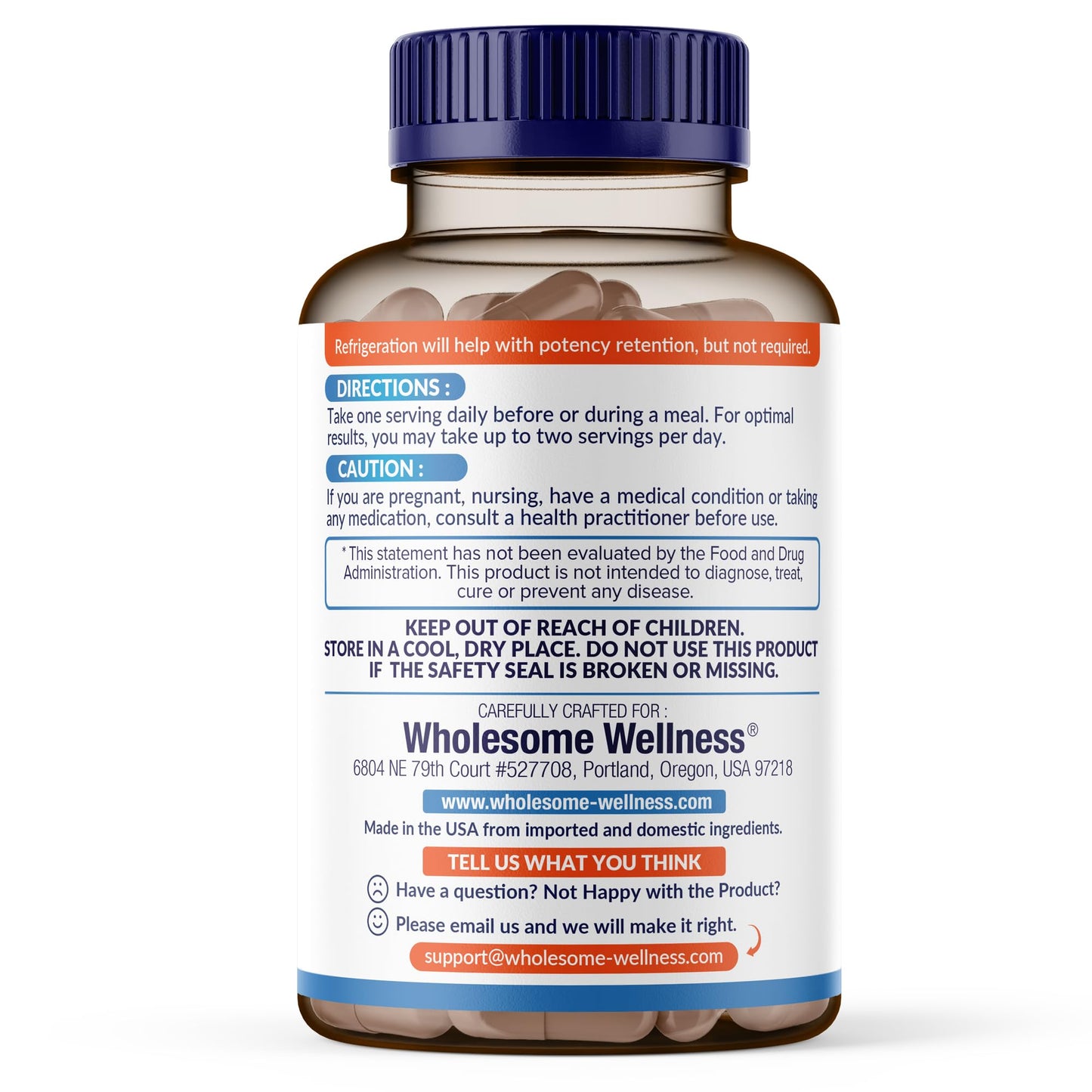 Wholesome Wellness Organic Raw Probiotics 30 vegetarian capsules bottle side view showing directions