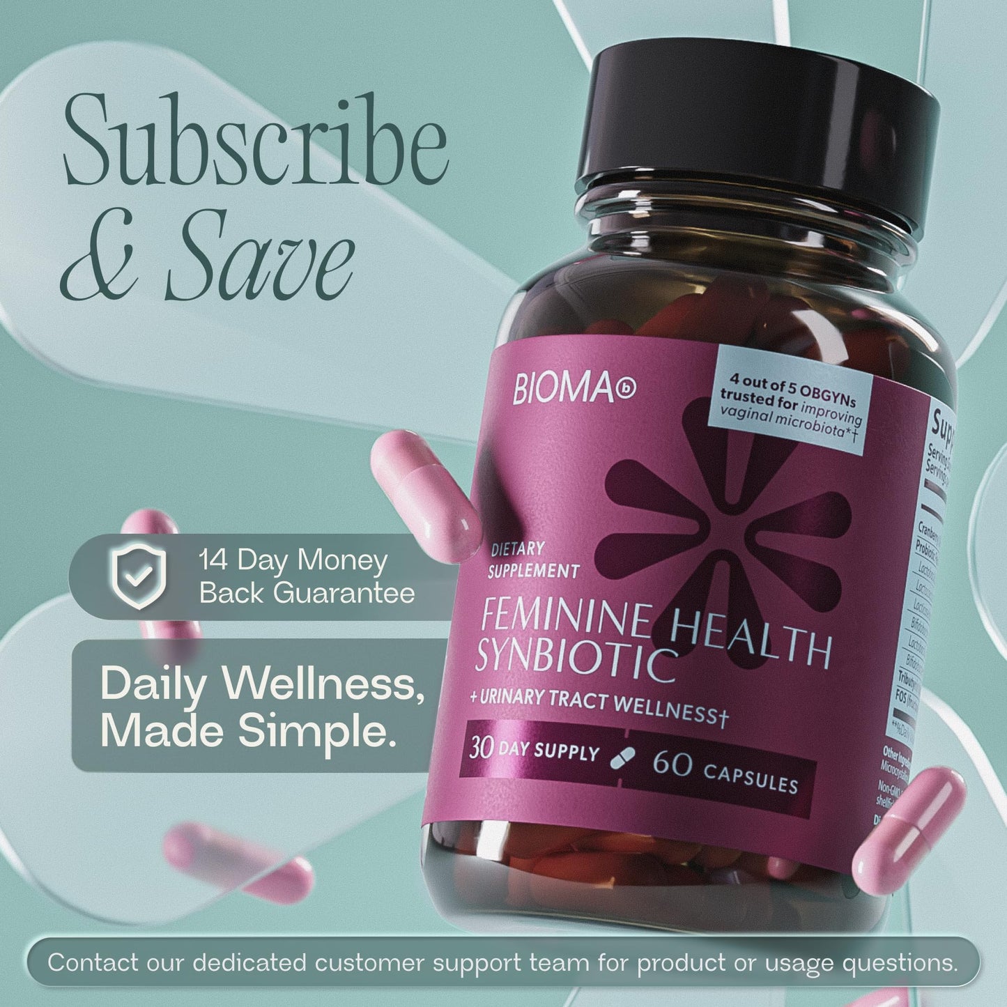 Close up view of Bioma feminine health unflavored capsules on white surface