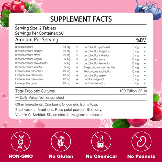 Nature Target womens probiotic supplement 100 tablets packaging showing ingredient details