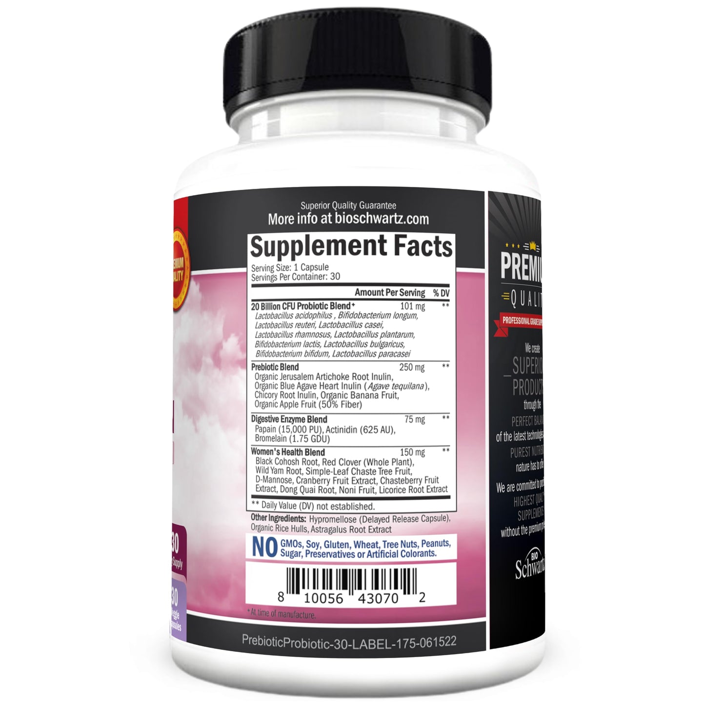 BioSchwartz women daily prebiotic and probiotic supplement bottle showcasing twenty billion CFU strength.