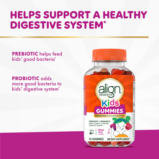Align Kids chewable gut health supplement gummies nutritional information and ingredients label.