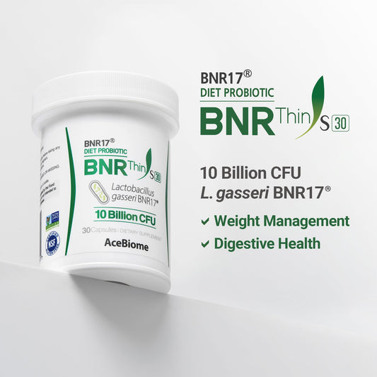 AceBiome Lactobacillus gasseri BNR17 supplement bottle showcasing the 10 Billion CFU guaranteed potency label.