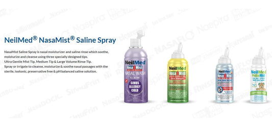 Imported NeilMed Isotonic Saline Nasal Spray canister showing product directions