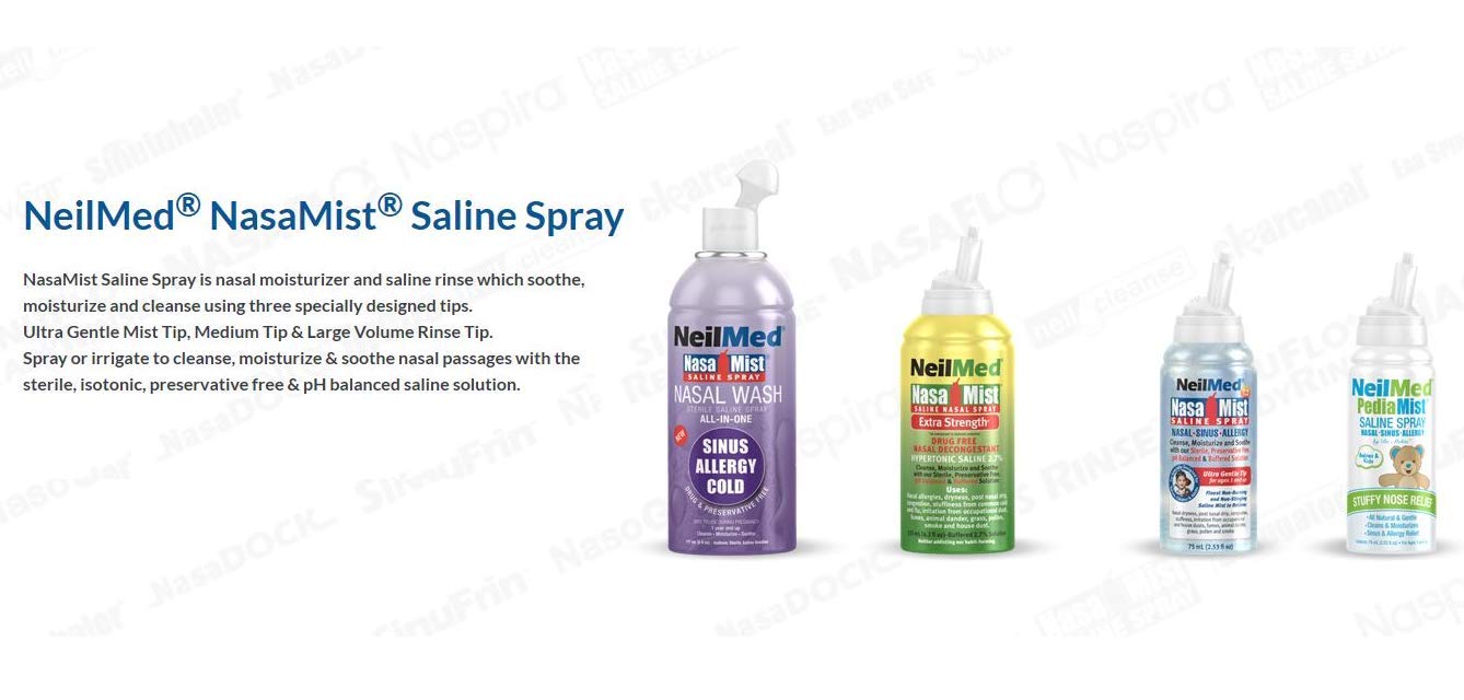 Imported NeilMed Isotonic Saline Nasal Spray canister showing product directions