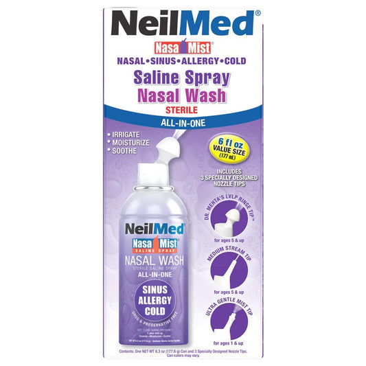NeilMed multi purpose saline spray aerosol can showing three interchangeable nozzles