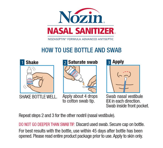 Nozin Nasal Sanitizer daily infection defense bottle with included cotton swabs