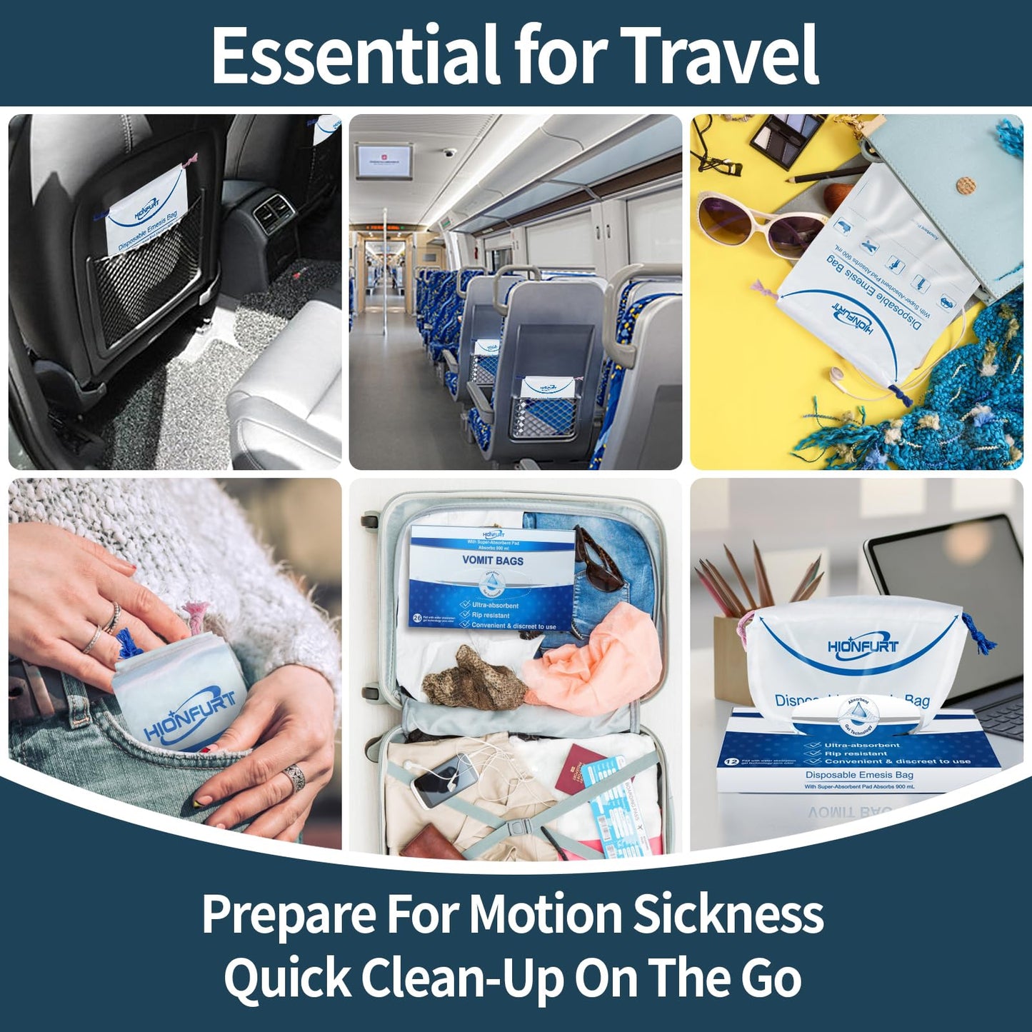 Sanitary sealing mechanism demonstration on the 900 milliliter capacity travel sick bag.
