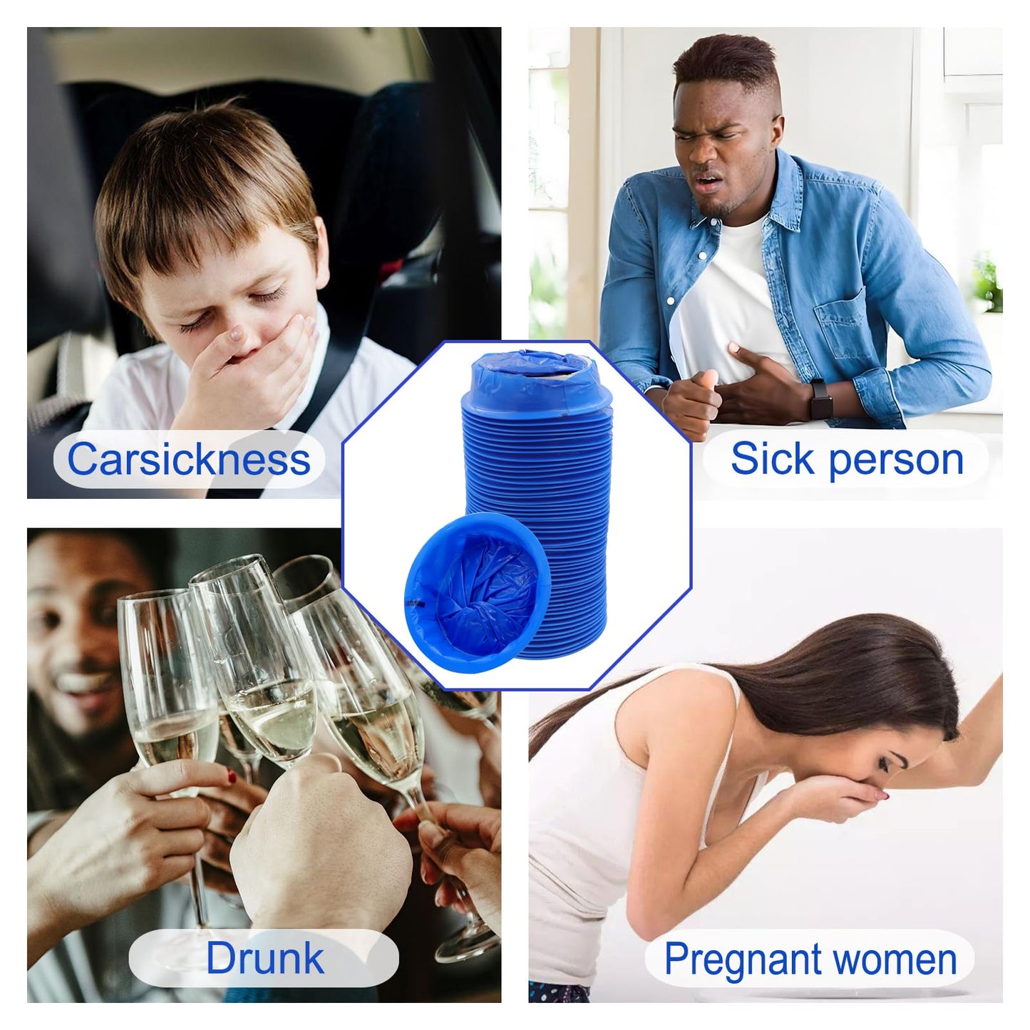 PukeBag motion sickness containment bags highlighting the portable packaging and rigid plastic opening