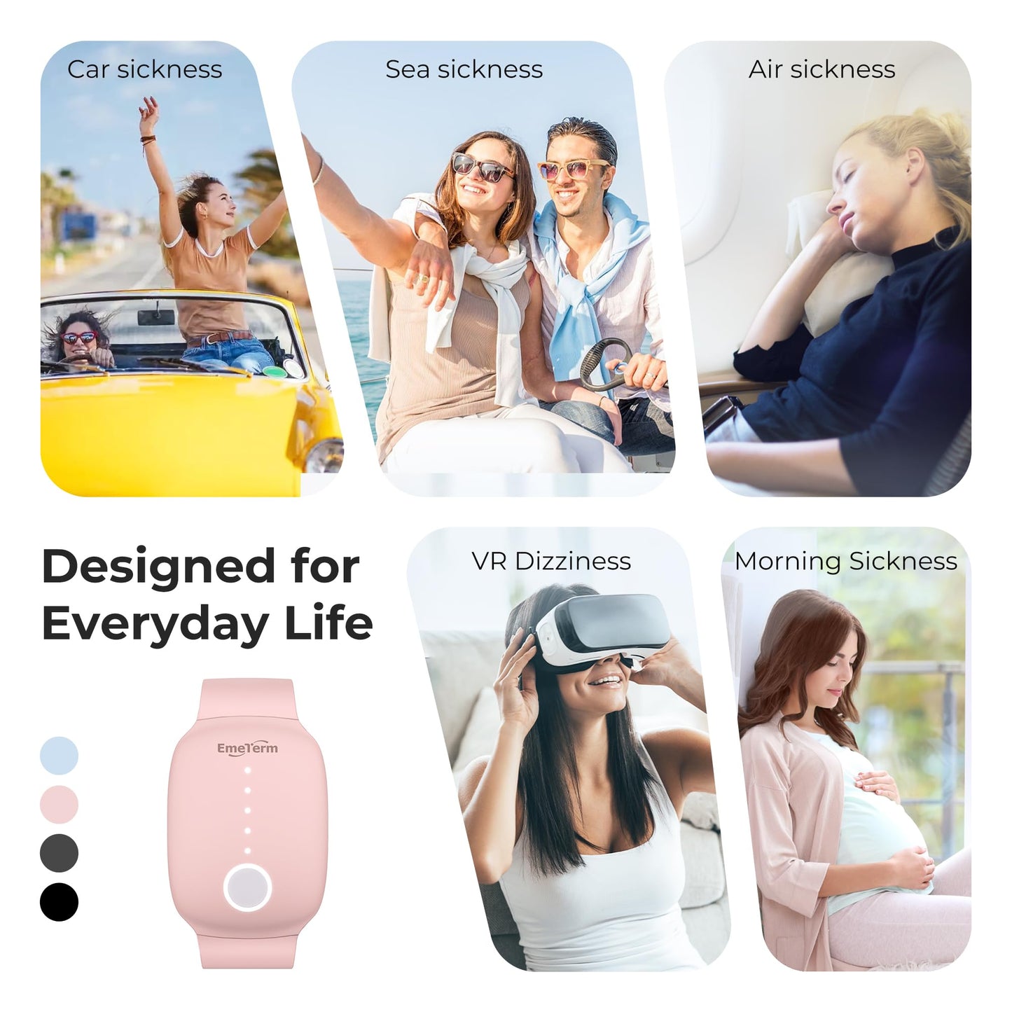 Full view of the EmeTerm nausea relief device optimized for comfortable daily wear.