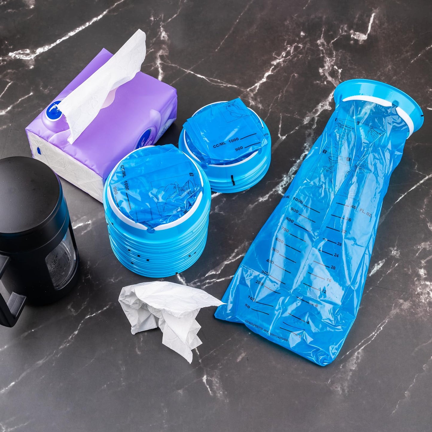 A single KKEETUR portable nausea bag unfolded and ready for vehicle or aircraft travel use