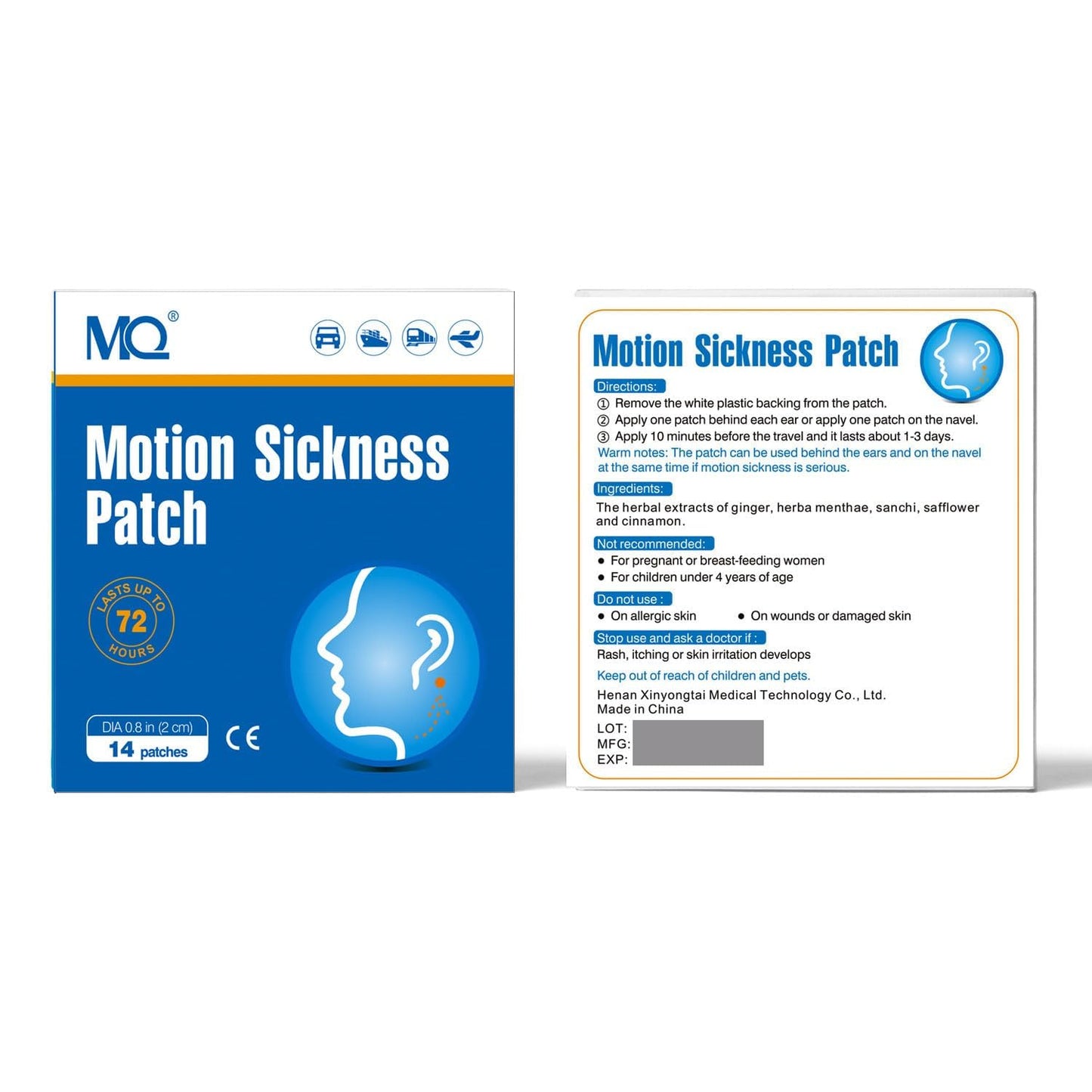 Lifestyle shot of the waterproof motion sickness remedy package inside a vacation travel bag.