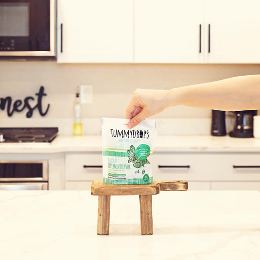 Tummy Drops Peppermint digestive drops showing the organic ingredients and gluten-free certification labels.