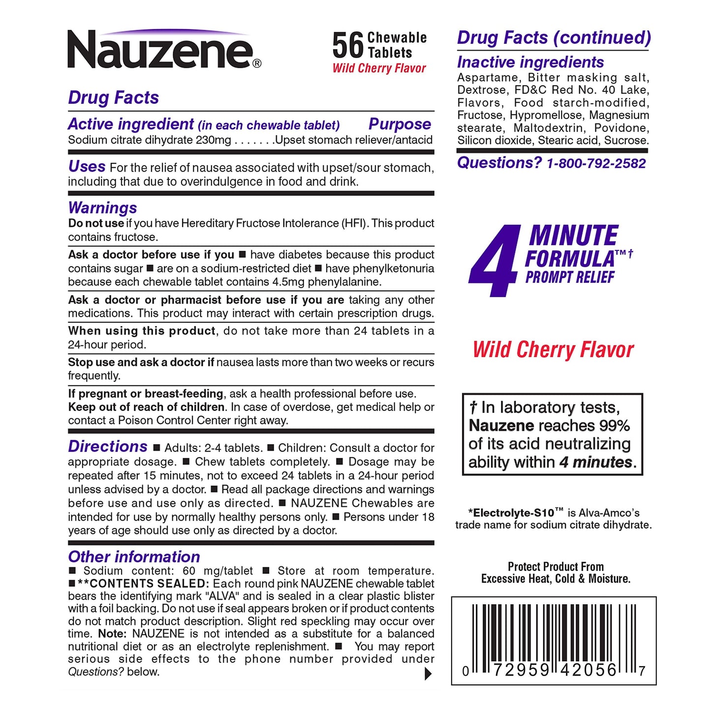 Nauzene 56 count imported USA stomach relief product display highlighting the wild cherry flavor graphic
