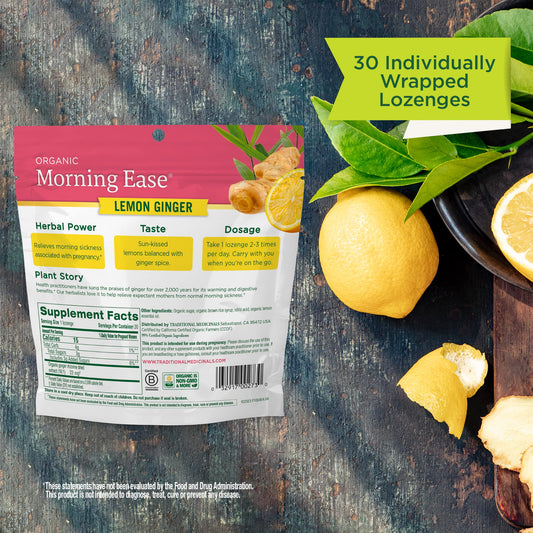 Traditional Medicinals Morning Ease anti nausea lozenges back label showing organic ginger ingredients