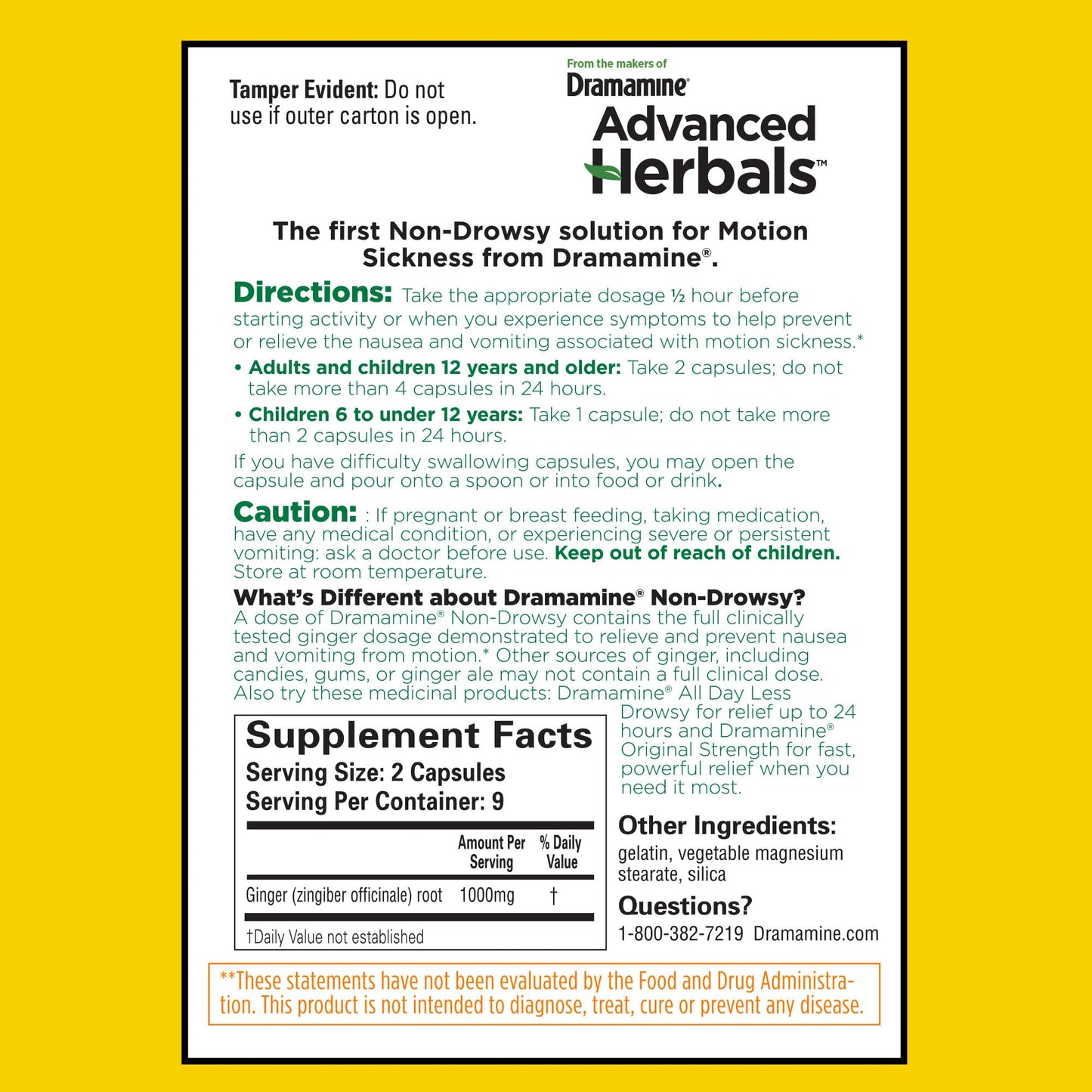 Dramamine Advanced Herbals packaging showing directions for adults and children