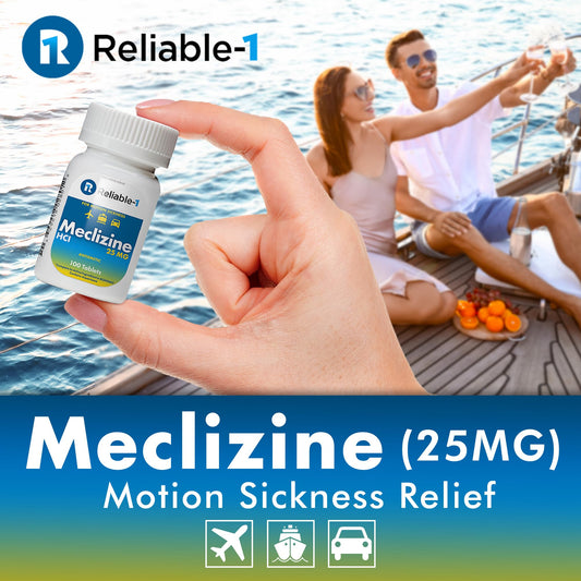 Reliable-1 Laboratories antiemetic 25mg chewable tablets side label showing ingredients and directions